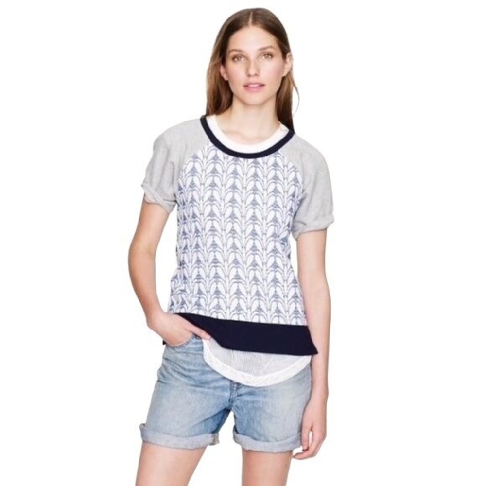 J Crew Shirt Women XS Blue Gray Eyelet Embroidered Short Sleeve Top Preppy Boho‎